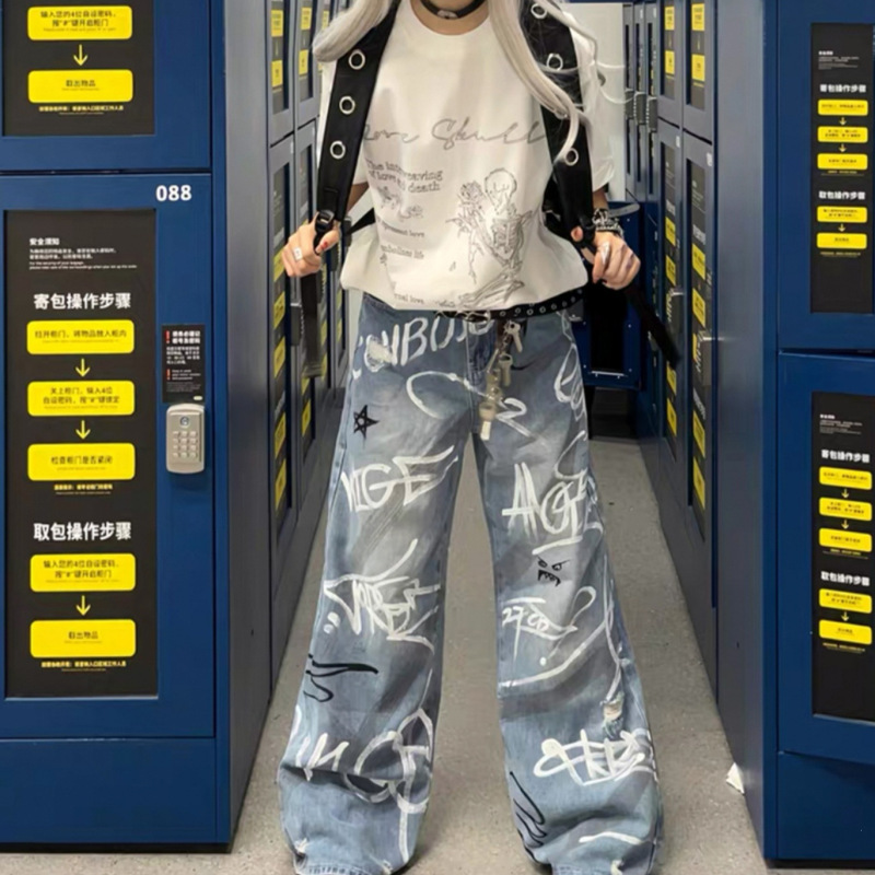 Nautical Graffiti Wide-Leg Jeans for Men and Women, Spring 2026 New High-Waisted, Draped High-Street Trendy Brand Printed Loose-Fit Casual Pants