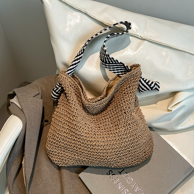 Navy Style Large-Capacity Straw Bag Women's Summer Seaside Vacation Woven Bag Lazy Style Wide Shoulder Strap Commuter Tote Bag