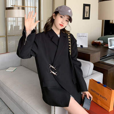 Real shot Buckle design Irregular Korean Show thin Easy black leisure time senior suit coat