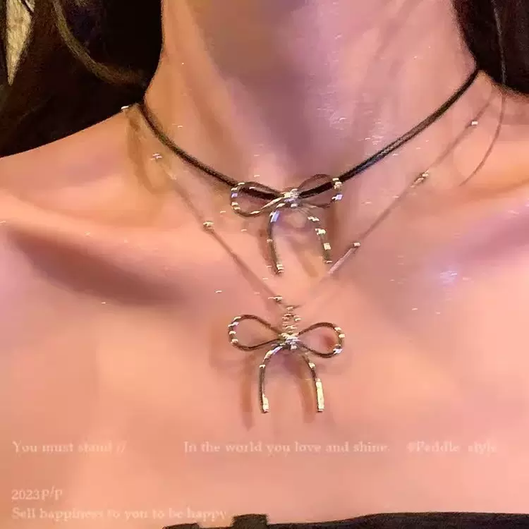 旅游去吧~简约蝴蝶结毛衣链个性独特小众项链女轻奢高级感锁骨链