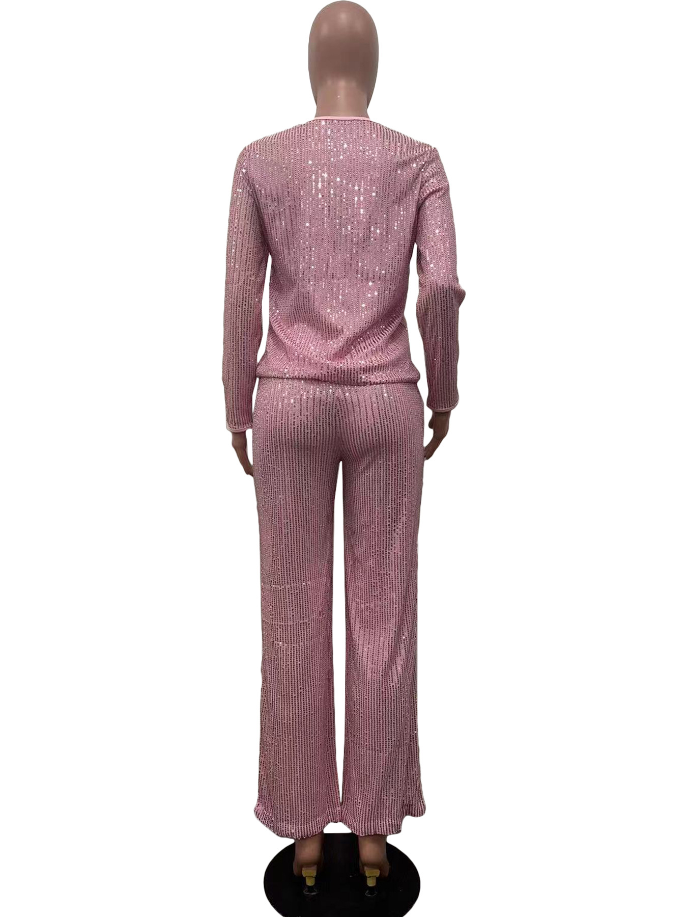 Women's Clothing new sequined solid color long sleeved trousers two piece set_voghion.com