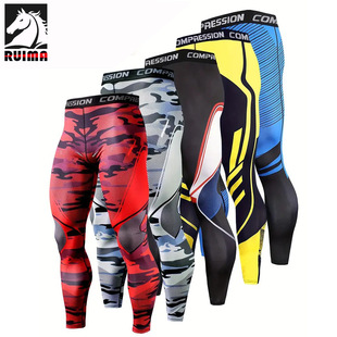Sports Tight Pants Men's High Elastic Quick Dry Breathable Printing Running Fitness Trousers Basketball Football Training Base Compression