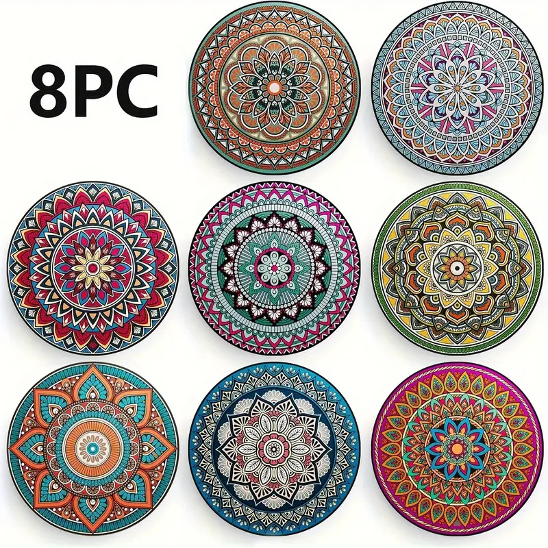 8 piezas de madera de moda fan de estilo nacional de tazas de arte resistente al calor para bebidas antideslizantes adecuadas para almohadillas de tazas de mandala