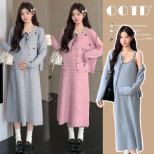 孕妇装秋季潮妈时尚新款宽松大码时尚甜美减龄开衫+吊带裙两件套