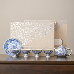 Silver-Plated Lotus Tea Set, Exquisite Ceramic Set with One Pot, Four Cups, and One Pot, Chinese-Style High-End Kung Fu Tea Set