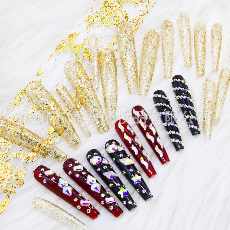 New Hot-Selling Diamond-Encrusted Fake Nail Patches Wholesale Sparkling Extra-Long Manicure Patches Hand-Wearable Nails Summer Customization