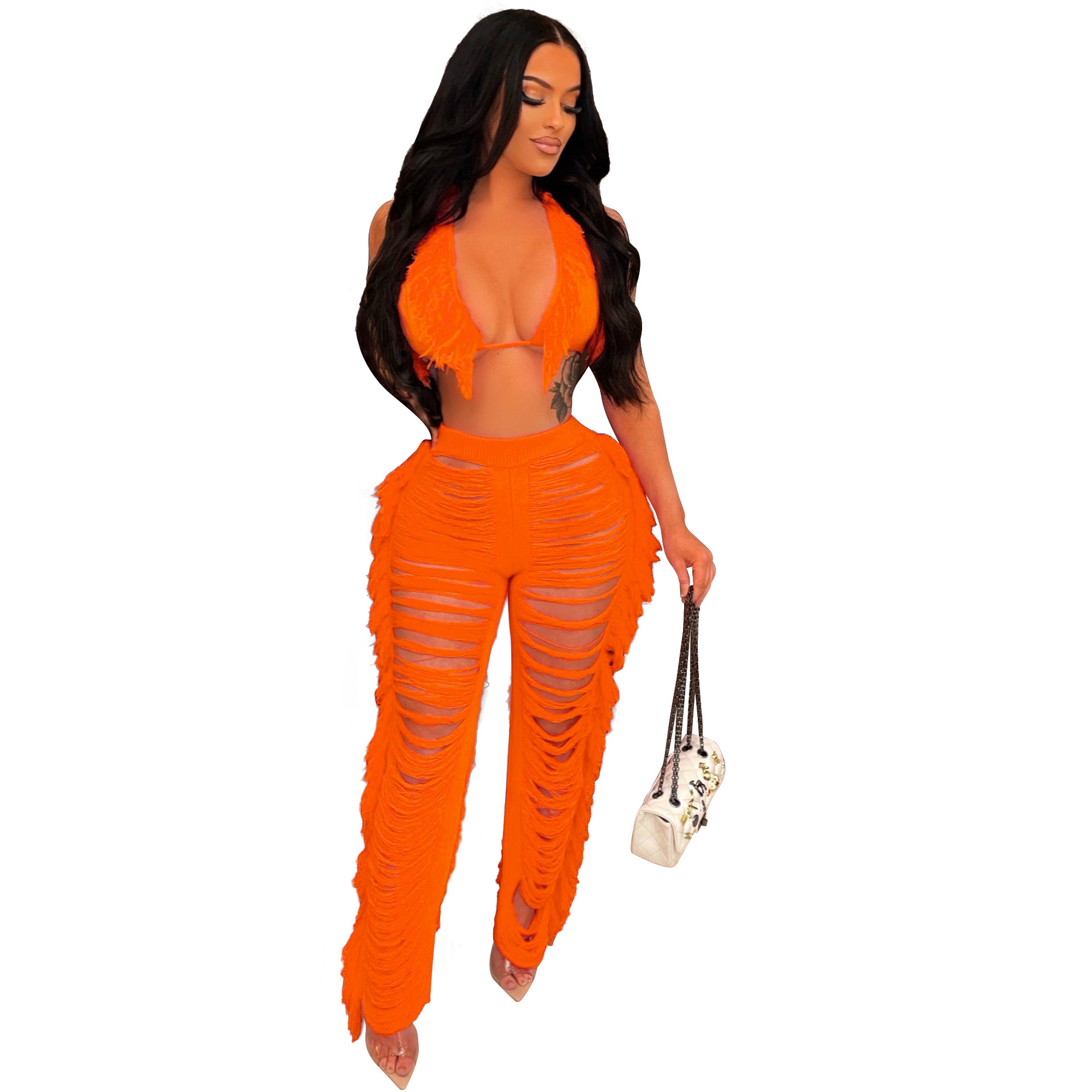 Women's Clothing summer new women's sexy tassel knitted pants suit_voghion.com