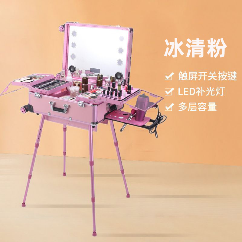 Actualización de la caja de maquillaje con soporte de varilla de tracción de lámpara, maquillaje profesional con maquillaje, bordado de manicuras, belleza portátil, gran capacidad