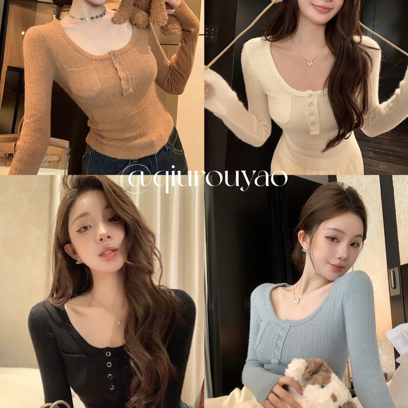 Qiu Rouyao Solid Color Versatile Round Neck Knitted Sweater for Women, New Sweet Long Sleeve Slim Fit Elegant Top for Autumn