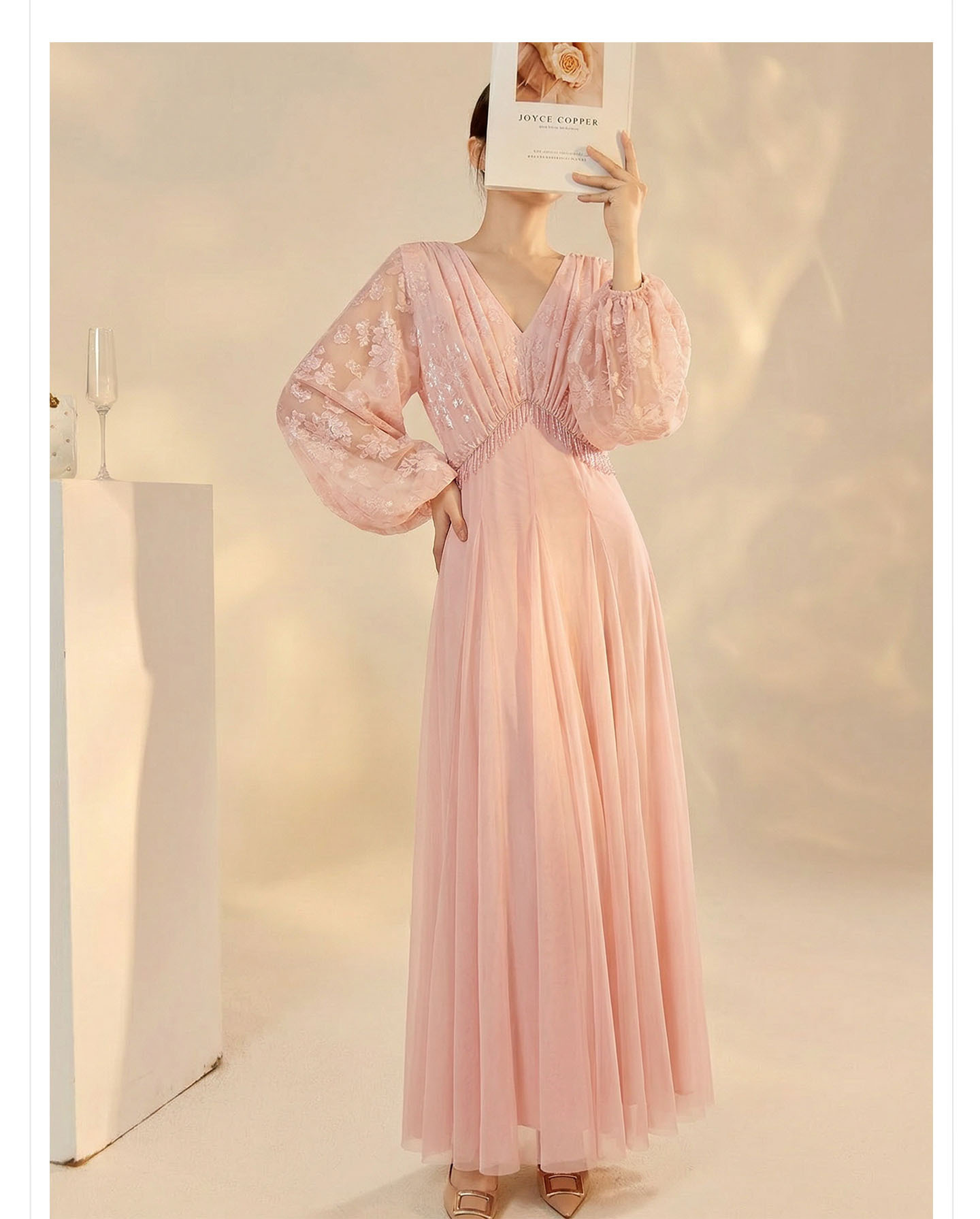 Đầm maxi nữ cổ V tay dài phong cách Trung Quốc mới, thiết kế thắt eo, dáng suông nhẹ — màu hồng chi tiết 15