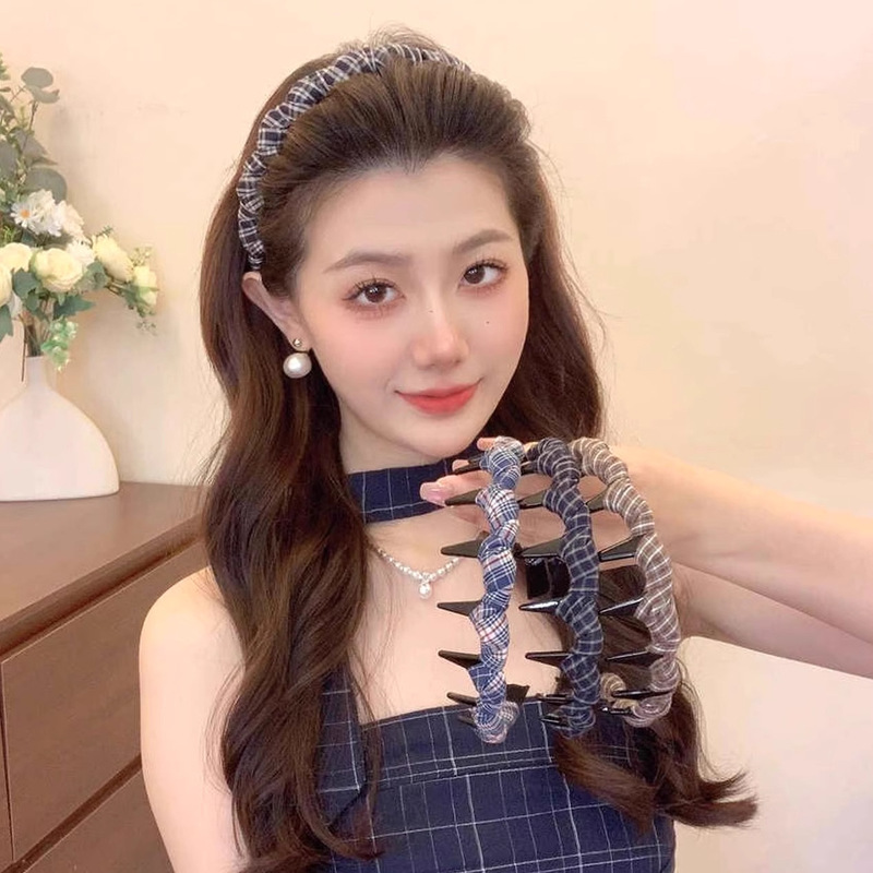 韩系复古格纹波浪发箍女款高颅顶洗脸发卡高级感外出百搭头箍发饰|undefined