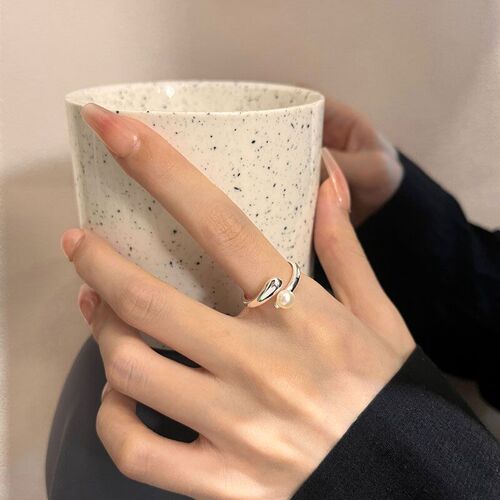 S925 Pure Silver French Lightweight Luxury Personality Pearl Ring for Women, Simple and Fashionable, Index Finger Ring, Unique Open Ring