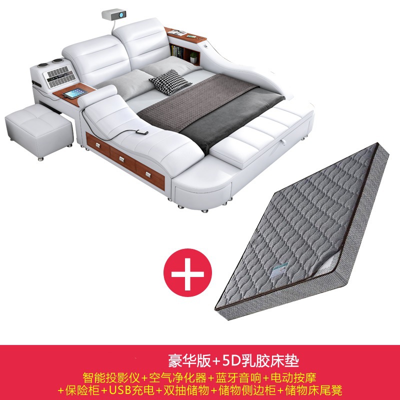 Masaje inteligente tatami cama moderna minimalista multifuncional de almacenamiento de cuero real cama suave doble 1,8 m dormitorio principal cama de boda image 12