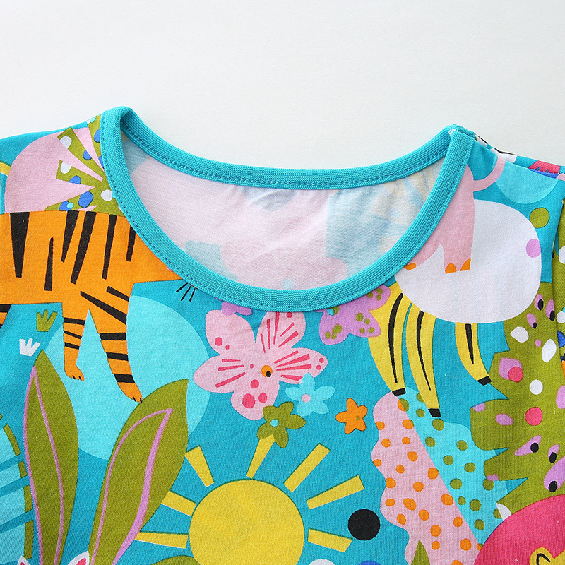 Novedad de verano, vestido para niñas, vestido de princesa con estampado de animales de dibujos animados, jersey de cuello redondo, vestido tejido de algodón de manga corta para niños