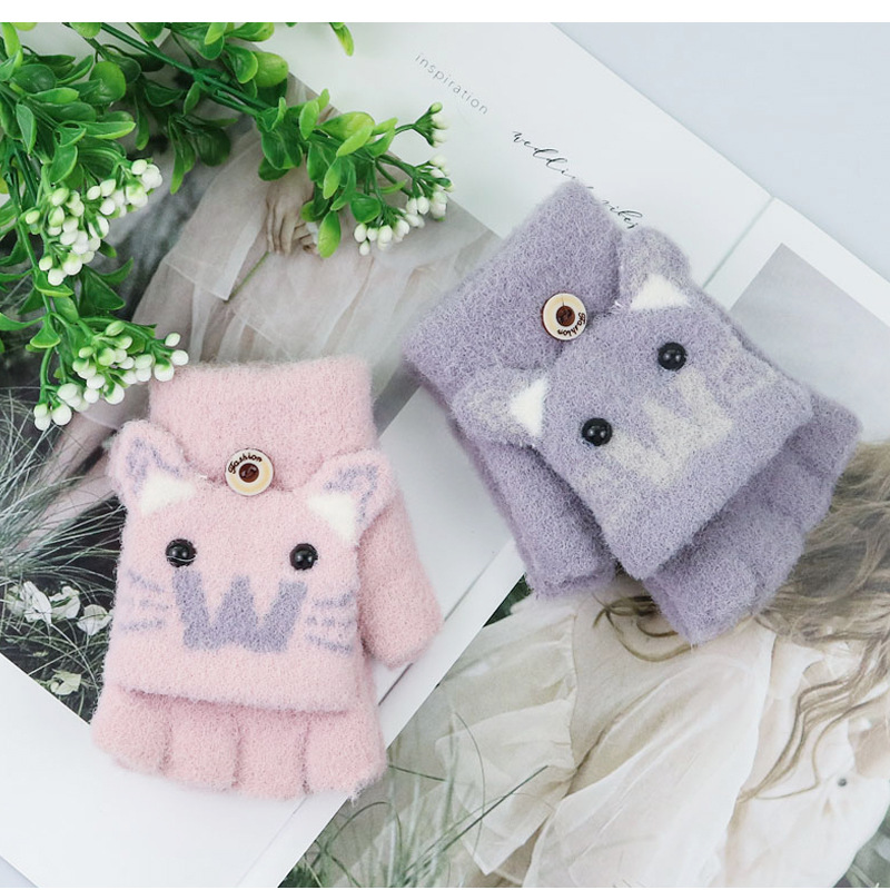 Children 's Gloves For 2-5 Years Old Winter Cute Cashmere Cat Gloves Warm Half Finger Knitted Gloves For Boys And Girls display picture 9