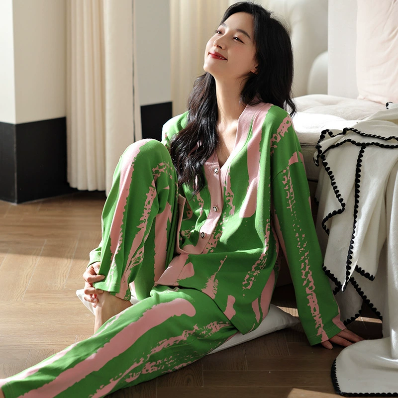 Хлопковая пижама женская весна и осень новый кардиган с длинными рукавами