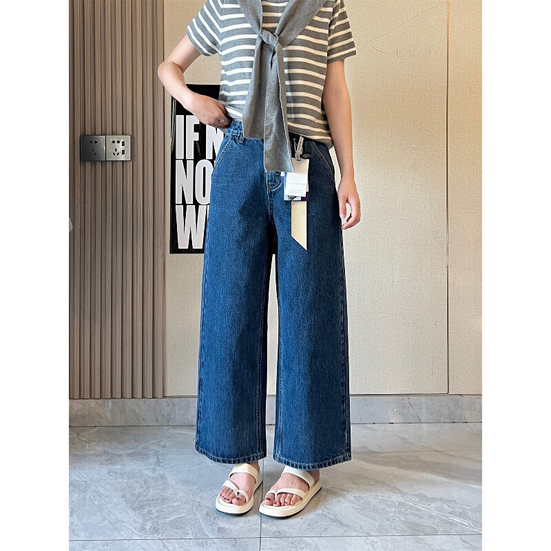 Slimming King ~ Non-Stretch Stiff Cropped Straight-Leg Jeans for Women, Spring and Autumn, Dark Blue High-Waisted Wide-Leg Pants for Petite Figures