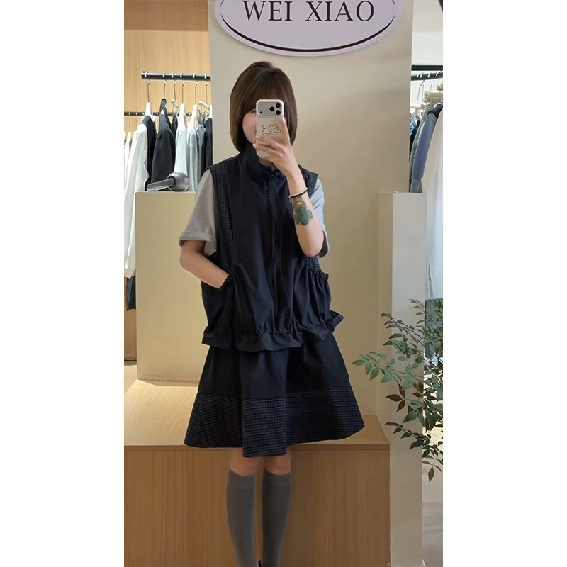 In Stock for Summer: Korean-Style Vest and Layered T-Shirt Top for Women, Spring High-Waisted A-Line Plaid Skirt Set In Stock for Summer: Korean-Style Vest and Layered T-Shirt Top for Women, Spring High-Waisted A-Line Plaid Skirt Set