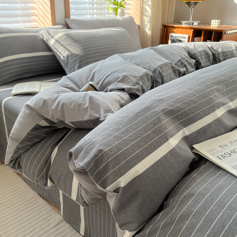 Juego de cuatro piezas de algodón lavado teñido en hilo para estudiantes 2025 nuevo juego de sábanas de edredón de dormitorio de estudiantes de tres piezas