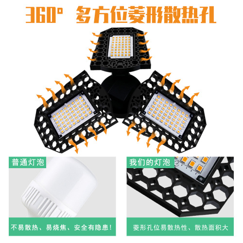 Cross-border hot selling LED garage lamp 40W60W80W lighting deformation industrial and mining lamp factory warehouse folding three-leaf lamp