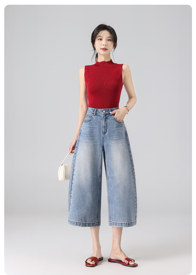 Quần jean nữ ống rộng cạp cao phong cách Mỹ retro, dáng suông rộng che khuyết điểm, dài 7–8 phân — màu xanh nhạt chi tiết 22