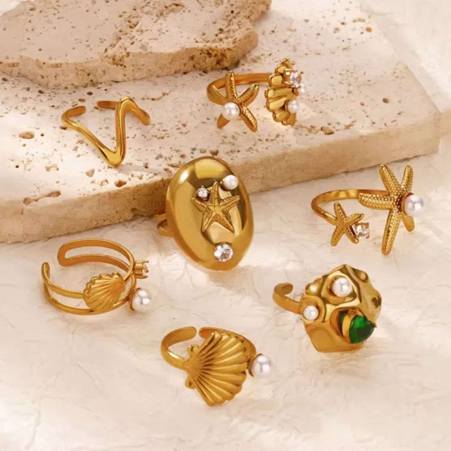 3g Weight PVD Coated Real Gold Plated Starfish Shell 304 Stainless Steel Elegant Lady Waterproof Non Tarnish Open Rings