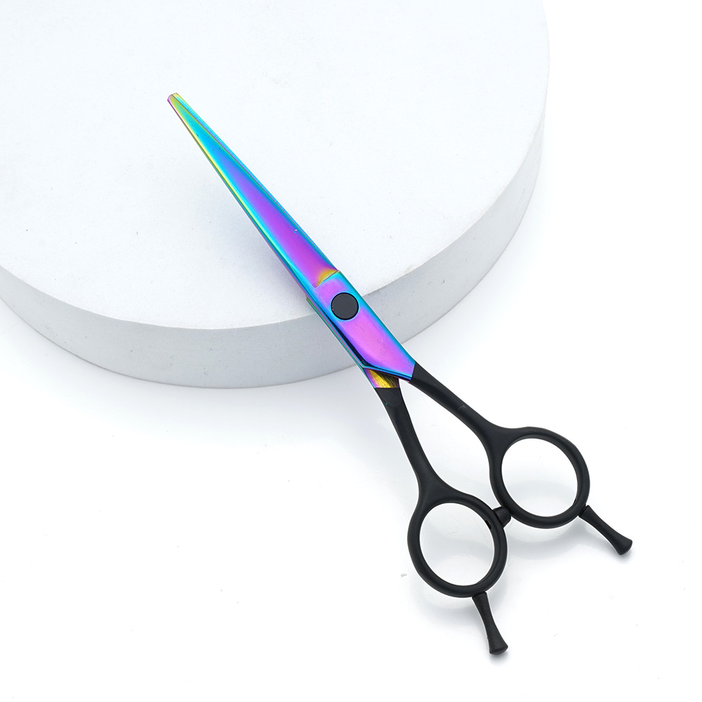 Tijeras de peluquería al por mayor de fábrica, tijeras de peluquería de color de acero inoxidable, corte de dientes de cabello fino profesional, juego de tijeras planas de corte