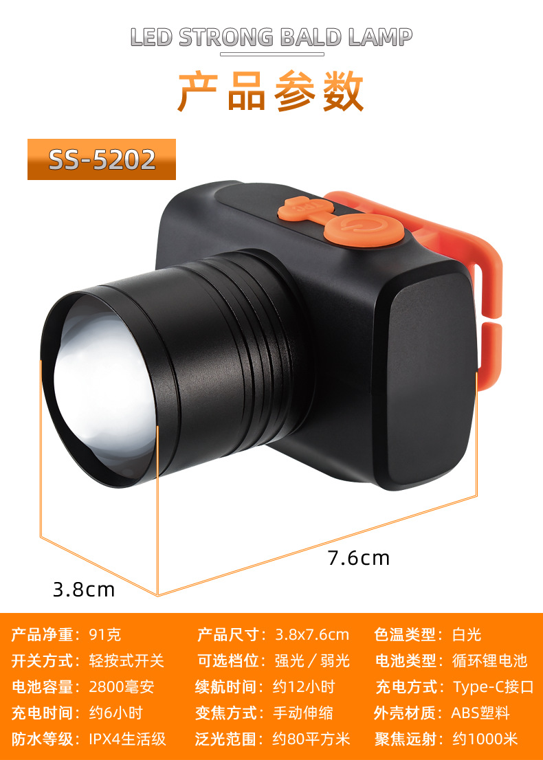 Faros LED de batería de litio de cabeza, faros de carga de larga duración, faros al aire libre, faros transfronterizos en el sudeste asiático