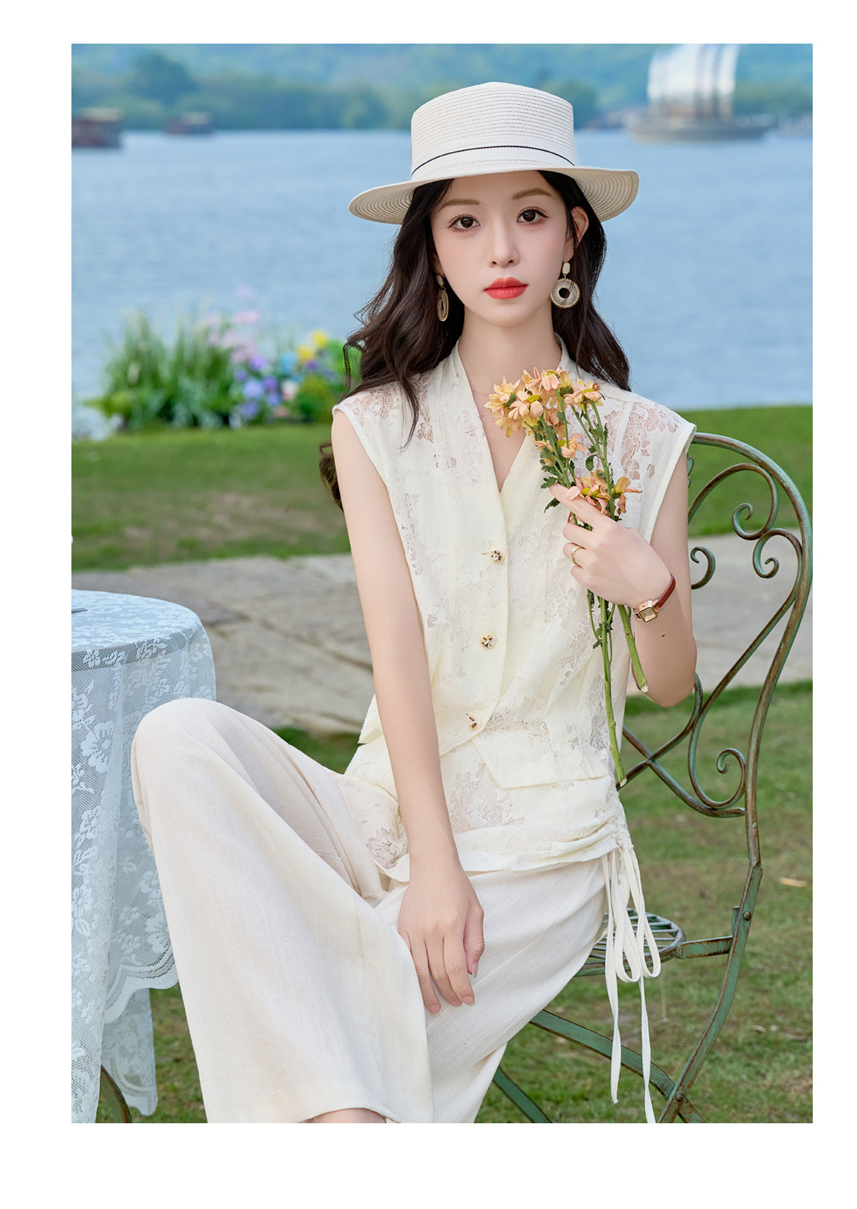Bộ vest nữ không tay kết hợp quần ống rộng phối ren YQ9913 — màu đen, màu trắng ngà chi tiết 17