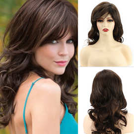 假发wigs 欧美女时尚长卷发化纤头套深棕色大卷假发头套 许昌厂家