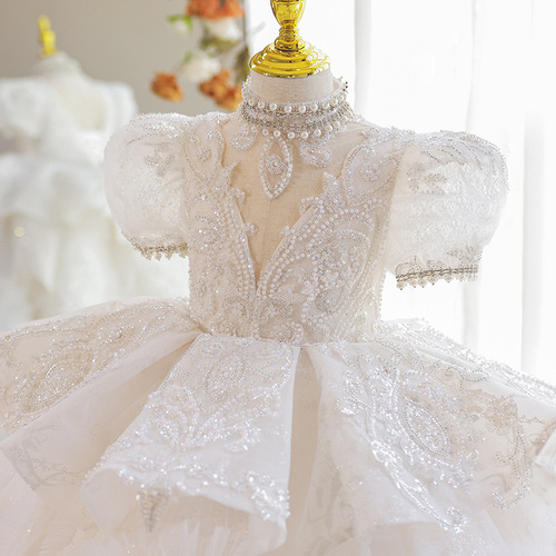 Children's Summer High-End White Flower Girl Dress with Train for Fashion Show, Host Child Princess Dress