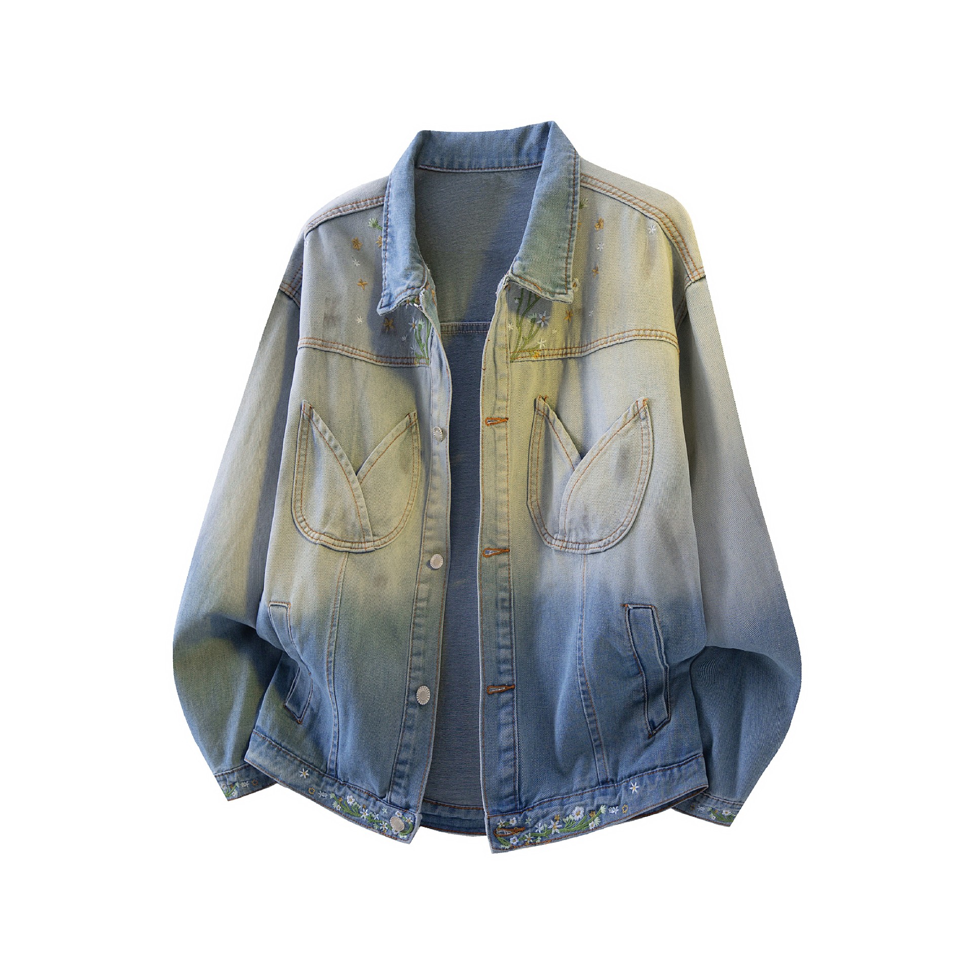 Trend Gradually Dyeing Flower Embroidery Denim Jacket Design Sense Long Sleeved Jacket For Men And Women_voghion.com