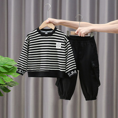 男童春裝套裝2024新款帥氣兒童裝春秋款洋氣男孩寶寶條紋衣服時髦