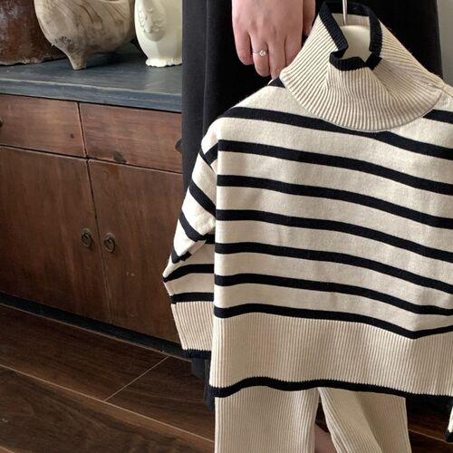 Children's Korean-style set  autumn and winter new striped wool set high neck turtleneck sweater slim wide-leg pants