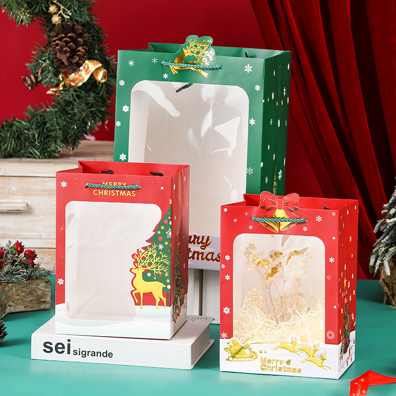 新款圣诞节麋鹿开窗礼品袋铃铛圣诞老人手提袋卡通公仔糖果包装袋