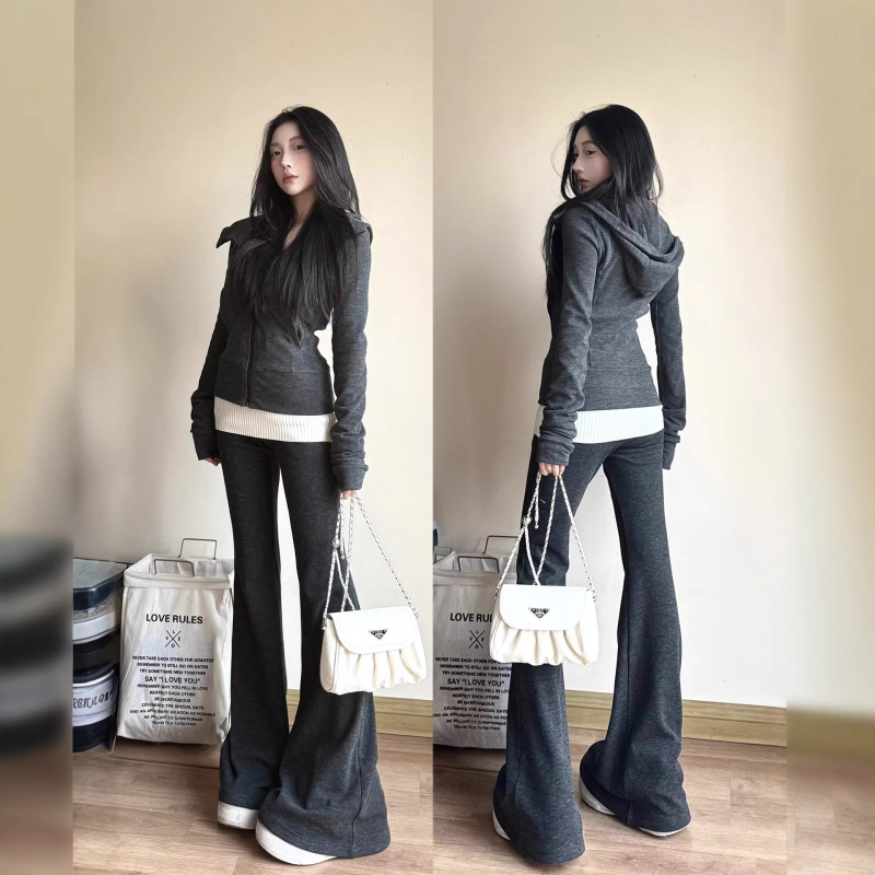 Gray Early Spring Slim-Fit Sports Sweatshirt Set with down Jacket, Women's Casual Sweatshirt Jacket, Korean-Style Complete Outfit