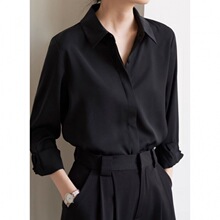 黑色缎面衬衫女长袖2025春秋新款暗门襟复古港风垂感通勤职业衬衣