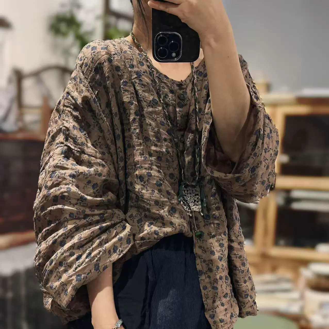 25/08 SN192 文艺休闲百搭落肩圆领苎麻印花双层开衫外套