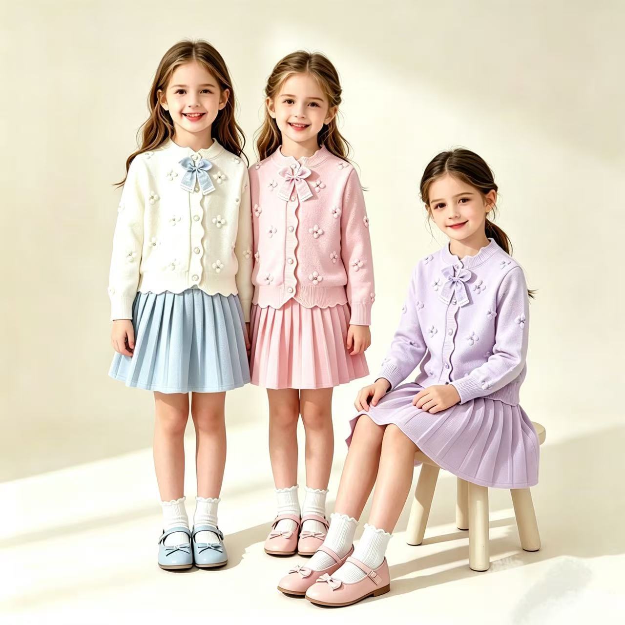 Girls' 2025 Autumn/Winter New Style Skirt Set, Korean Style, Stylish, Round Neck, Bow Knot Cardigan, Pleated Skirt, Two-Piece Set