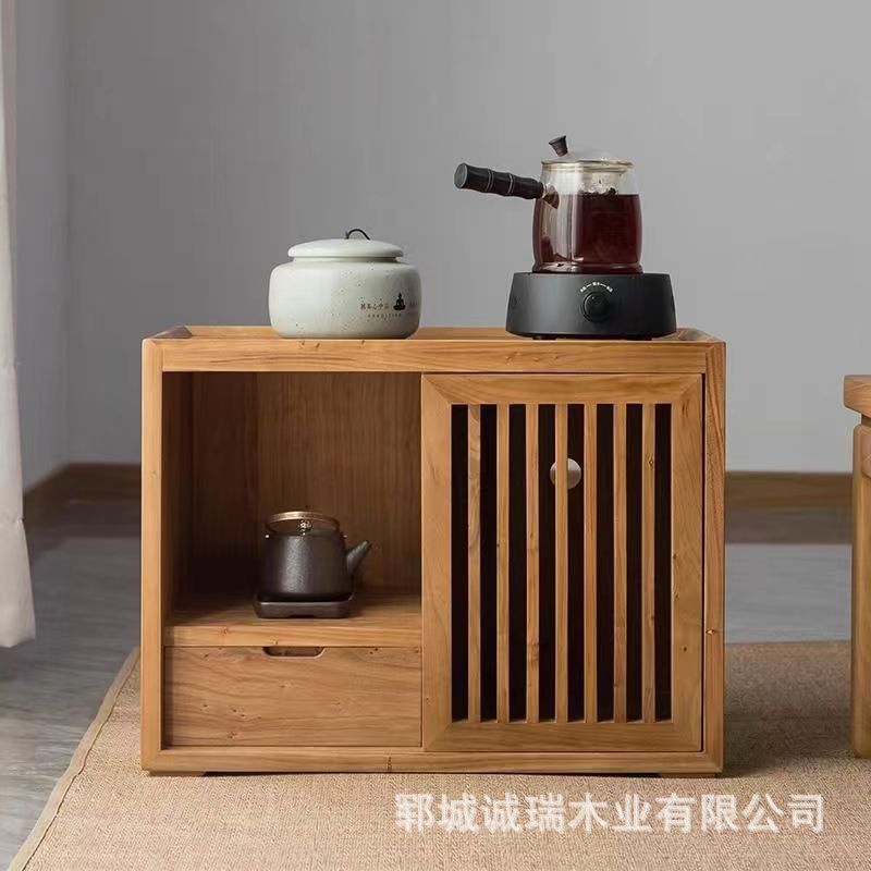 シンプルな新中式無垢材茶水キャビネット、畳用茶テーブルキャビネット、低床移動式レトロ古材水沸かしキャビネット|undefined
