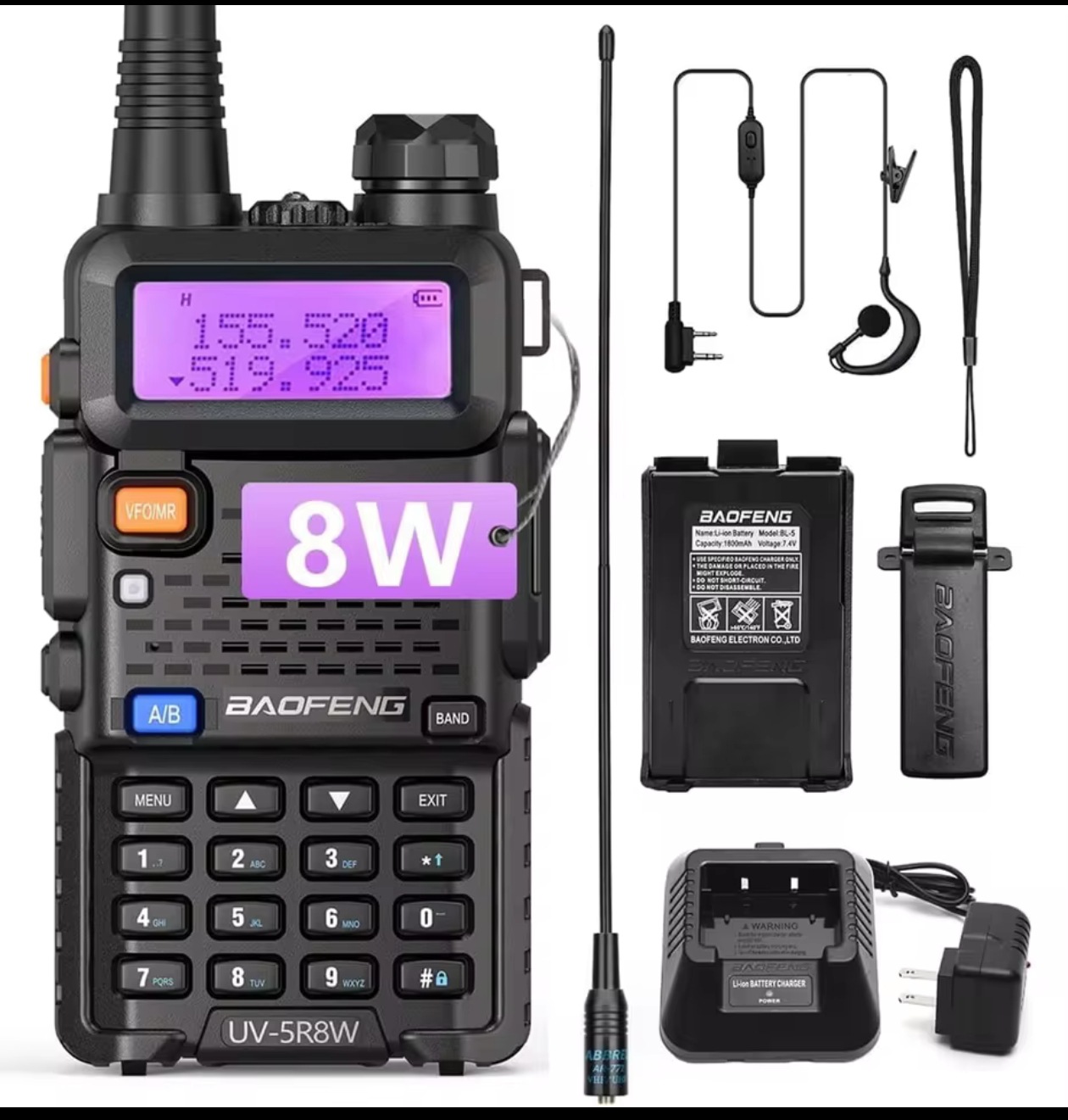 Walkie-talkie Baofeng BF-UV5R, walkie-talkie portátil civil, walkie-talkie de alta potencia para vehículos, ideal para viajes en auto.