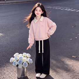 春秋季女童两件套蝴蝶结拼接翻领上衣搭配纯色设计感阔腿裤长裤潮