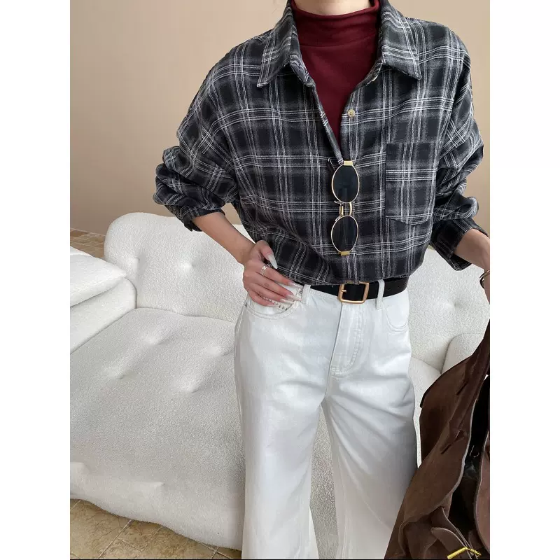 司南 慵懒松弛感 美式复古撞色格纹翻领宽松显瘦长袖衬衫 SN8182