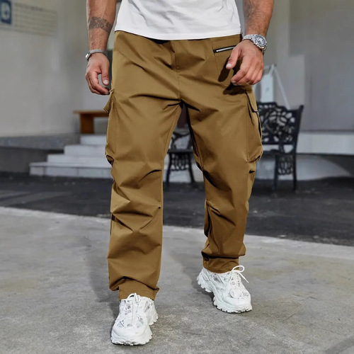2025 Cross-border New Men's Outdoor Workwear Pants Loose Sports Casual Multi-Pocket Functional Elastic Cord Zipper