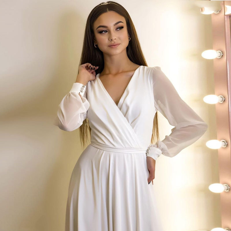 El Comercio exterior europeo y americano Amazon AliExpress deseo elegante vestido de novia ligero con cuello en V gasa dividida manga larga simple vestido largo image 2