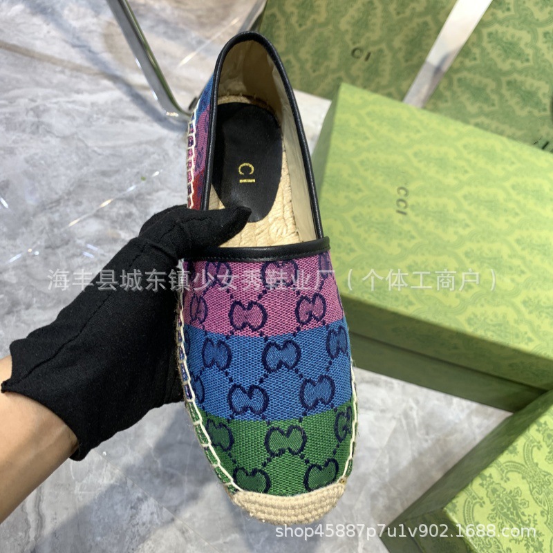 Comercio exterior transfronterizo G bordado estándar estampado zapatos de pescador 2025 suela de goma tejida boca poco profunda zapatos casuales de un solo pedal