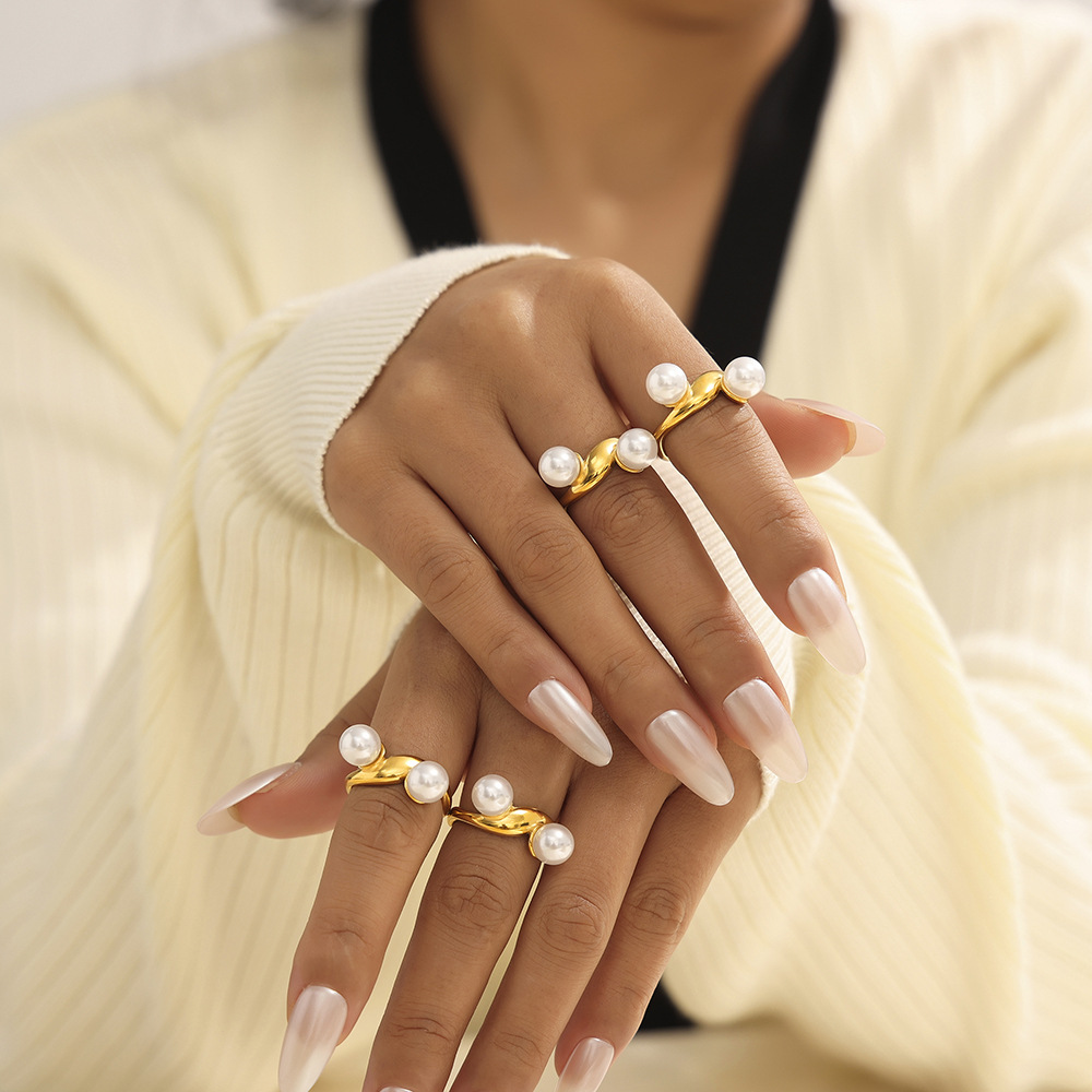 Eenvoudige geometrische vorm onregelmatige imitatieparel openingsring damesring in koude stijl nicheontwerp_voghion.com