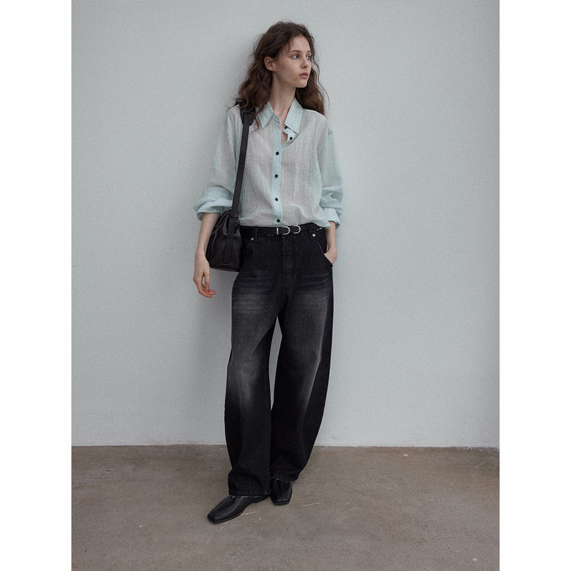 【识几】High-Quality Rayon Natural Fiber Slightly Wrinkled Glossy Simple Classic Long-Sleeve Shirt for Work M9182