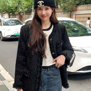 Temperament Tweed Chanel Coat Korean Style Slimming Temperament Ladies Mid-length Woolen Coat 2024 Spring and Autumn