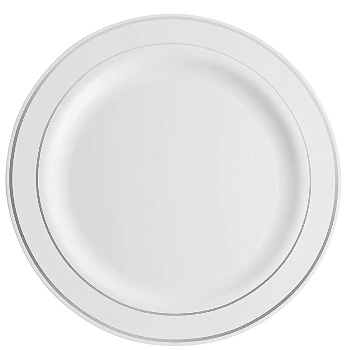 Plato desechable transfronterizo 7.5 9 10.25 pulgadas Plato de plástico con fondo negro y Phnom Penh Plato alimenticio dorado PS